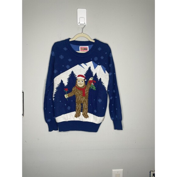 Tipsy Elves Sweater Mens Large Blue Bigfoot Sasquatch Christmas Ugly Holiday - Picture 1 of 9